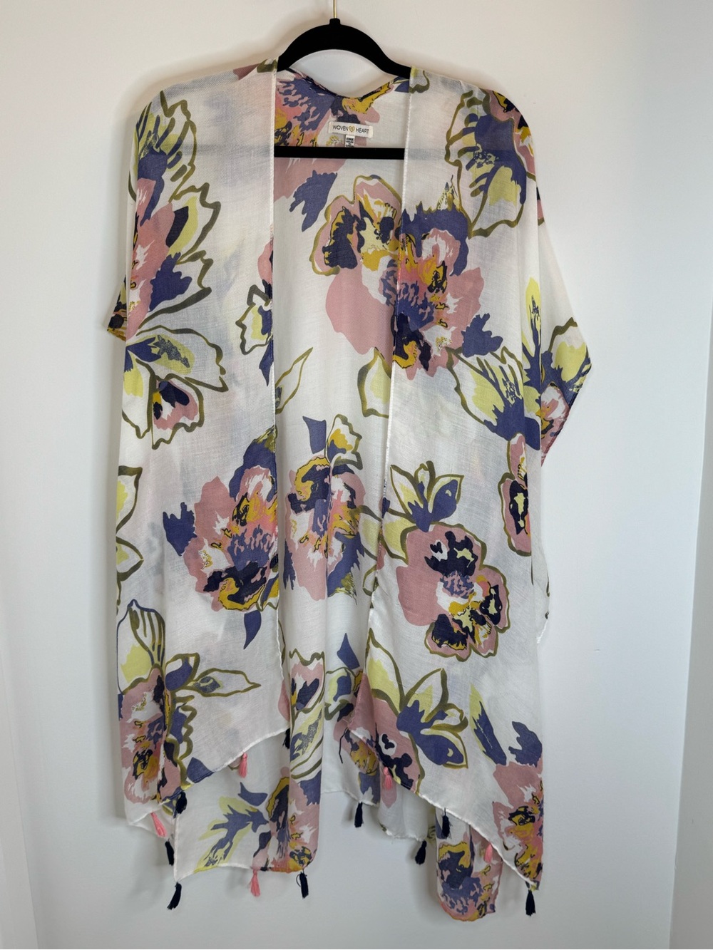 Woven Heart Floral Kimono in White, Pink, Blue and Yellow